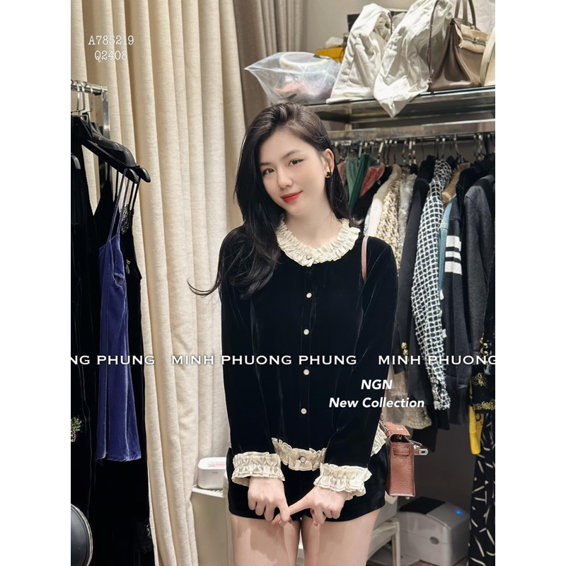 Sét áo nhung dài tay viền ren tag X + quần sooc