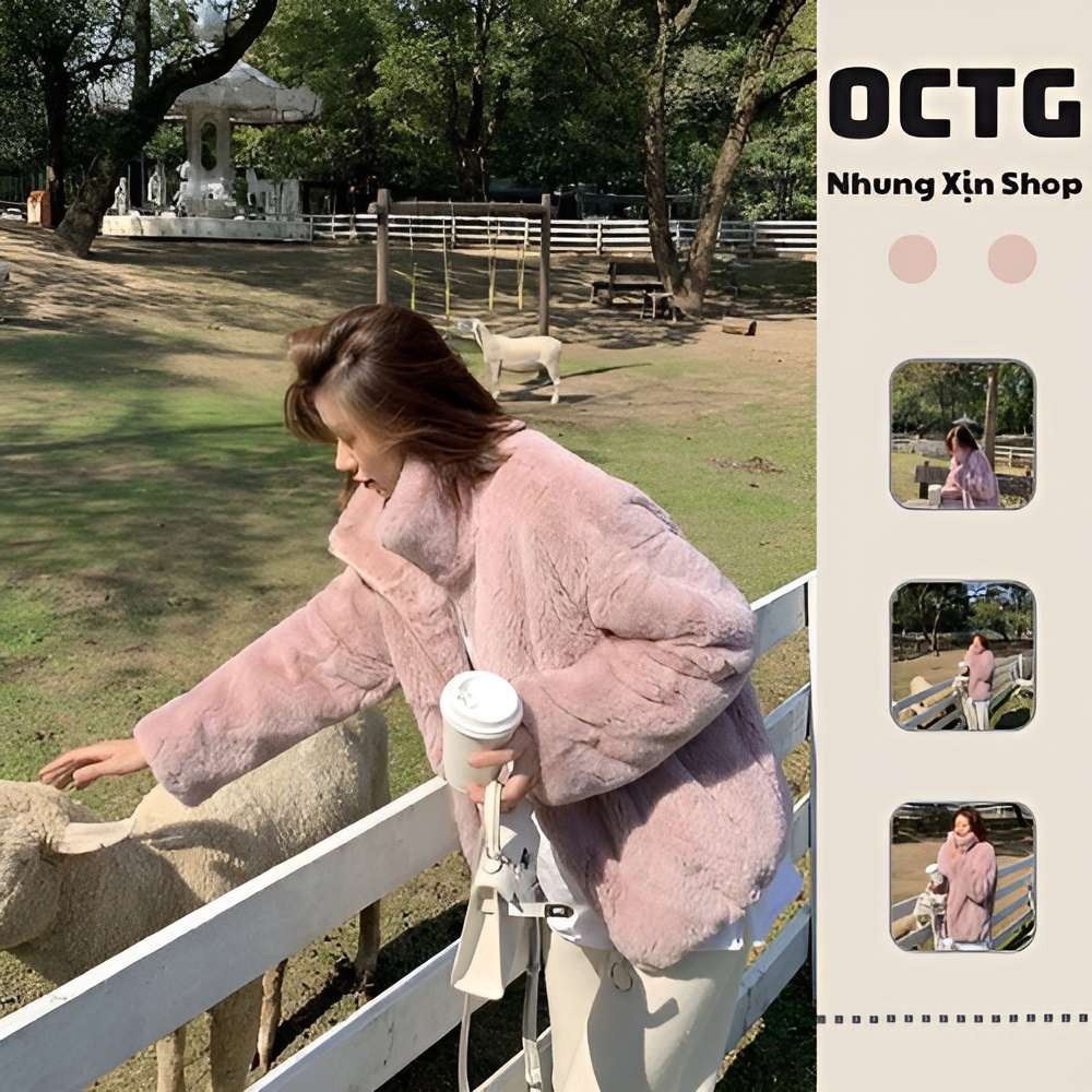 Áo khoác lông thỏ trần bông màu HỒNG PASTEL bản mới 2023 cổ rộng cực kỳ dày dặn cực kỳ mềm mịn