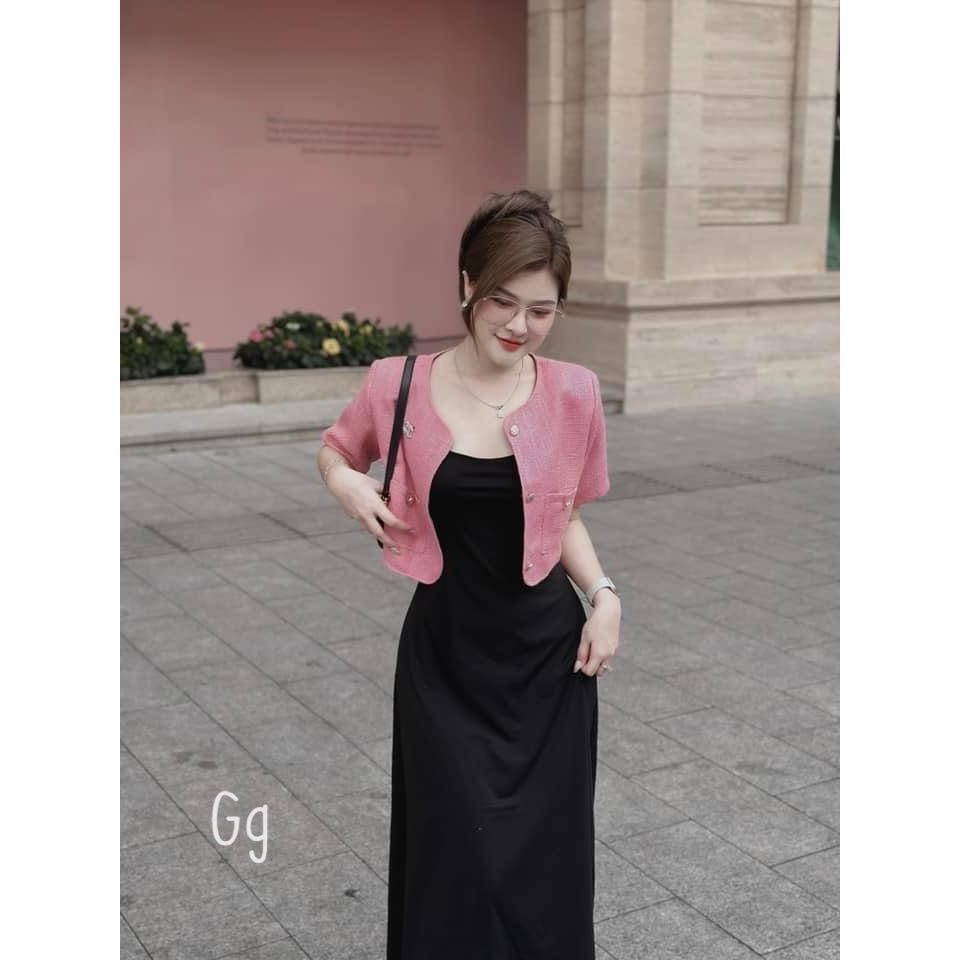 Set đầm 2 dây midi kèm khoác croptop dạ