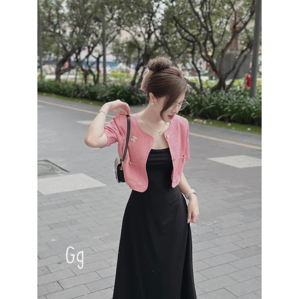 Set đầm 2 dây midi kèm khoác croptop dạ