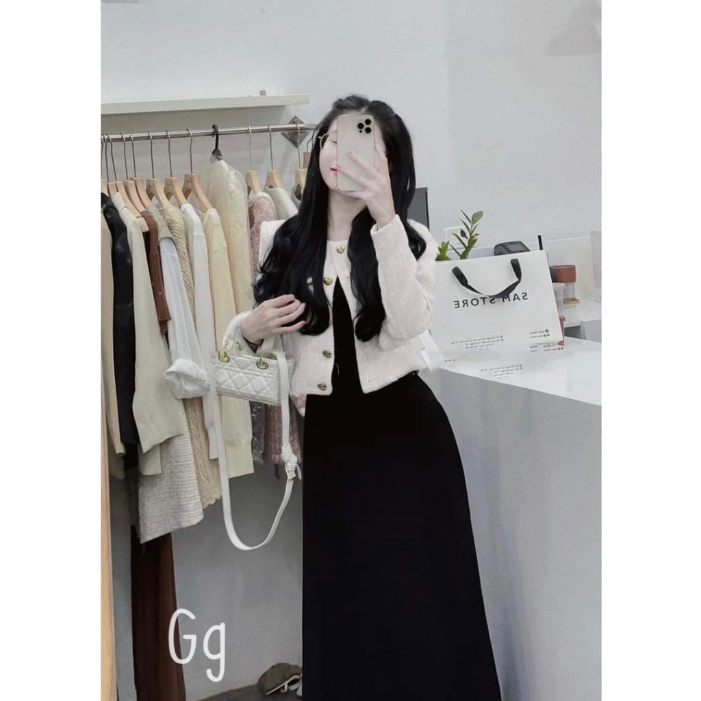 Set đầm 2 dây midi kèm khoác croptop dạ