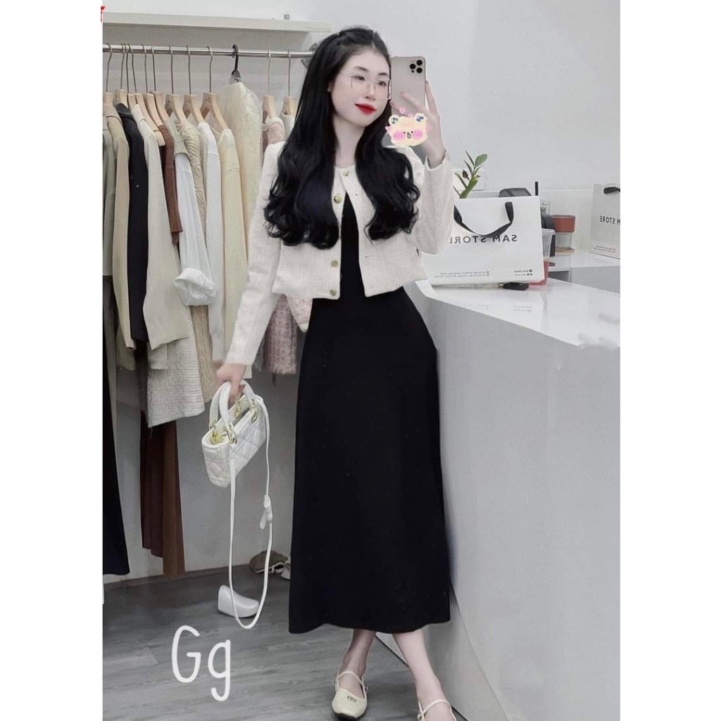 Set đầm 2 dây midi kèm khoác croptop dạ