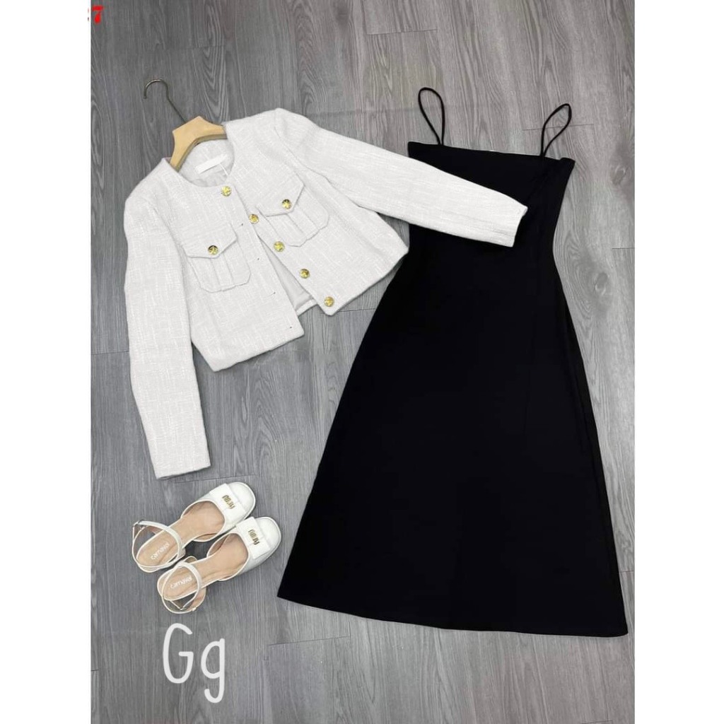 Set đầm 2 dây midi kèm khoác croptop dạ