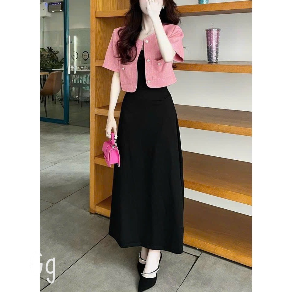 Set đầm 2 dây midi kèm khoác croptop dạ