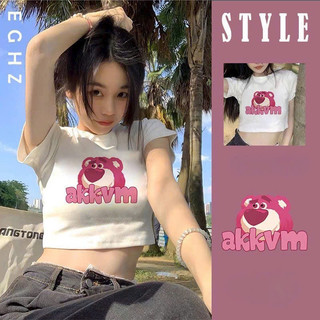 Áo thun ôm body tay ngắn croptop in gấu dâu Akk - Z9U