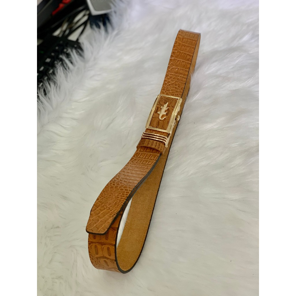 Thắt Lưng Da Bò Nguyên Miếng Cao Cấp Dập 1 Lớp Vân Cá Sấu Khóa Tự Động Màu Vàng Mặt Gold