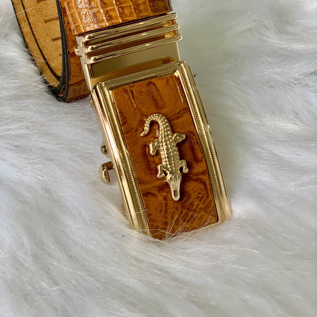 Thắt Lưng Da Bò Nguyên Miếng Cao Cấp Dập 1 Lớp Vân Cá Sấu Khóa Tự Động Màu Vàng Mặt Gold