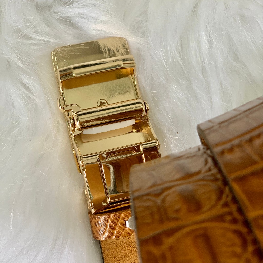 Thắt Lưng Da Bò Nguyên Miếng Cao Cấp Dập 1 Lớp Vân Cá Sấu Khóa Tự Động Màu Vàng Mặt Gold