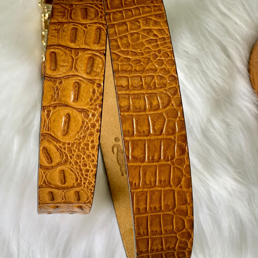 Thắt Lưng Da Bò Nguyên Miếng Cao Cấp Dập 1 Lớp Vân Cá Sấu Khóa Tự Động Màu Vàng Mặt Gold