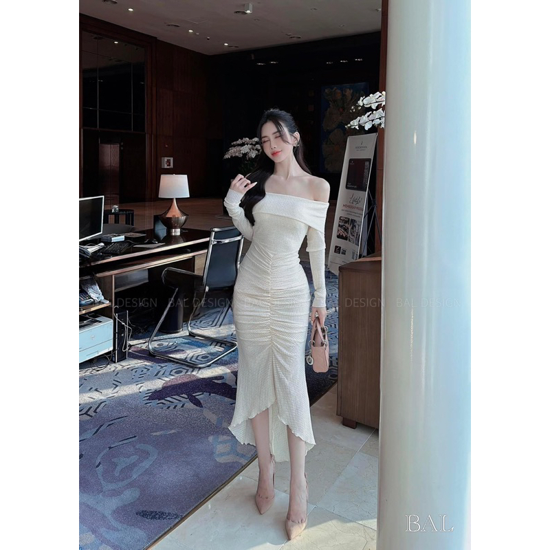 Váy Body Trễ Vai Nhún Tôn Dáng🎀