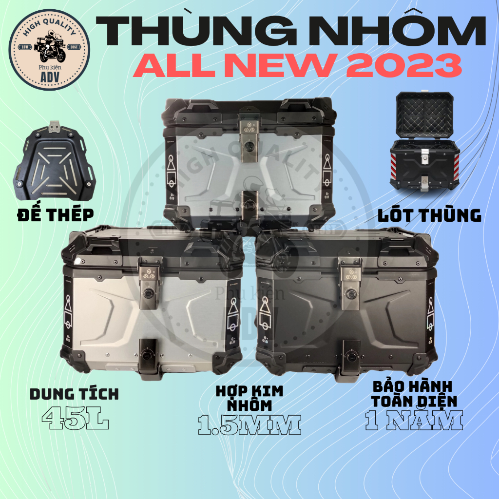 Thùng nhôm, thùng top, top box 45L, thùng sau xe máy chính hãng phukienADV, chống nước, phù hợp nhiều baga, tay nắm dày