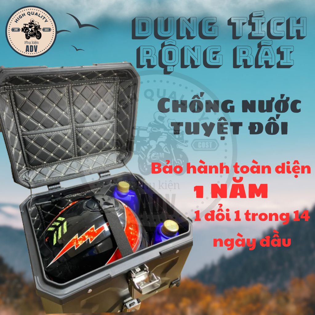 Thùng nhôm, thùng top, top box 45L, thùng sau xe máy chính hãng phukienADV, chống nước, phù hợp nhiều baga, tay nắm dày
