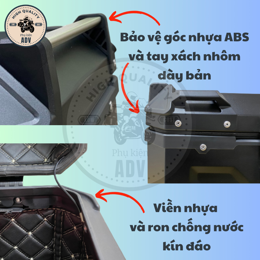 Thùng nhôm, thùng top, top box 45L, thùng sau xe máy chính hãng phukienADV, chống nước, phù hợp nhiều baga, tay nắm dày