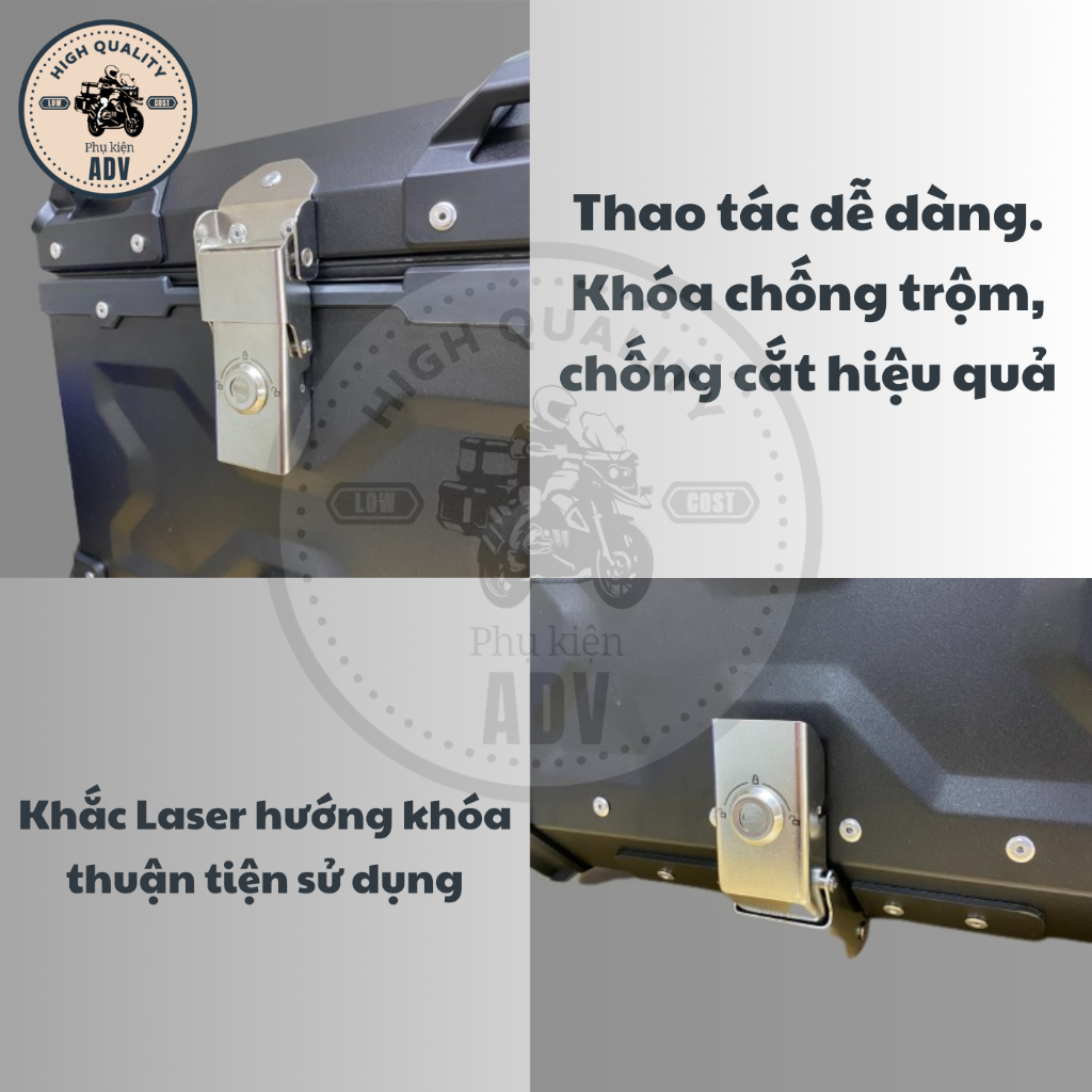 Thùng nhôm, thùng top, top box 45L, thùng sau xe máy chính hãng phukienADV, chống nước, phù hợp nhiều baga, tay nắm dày