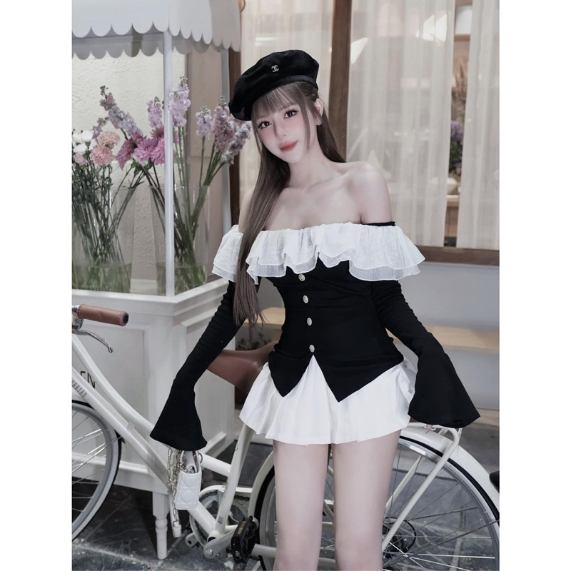 ẢNH THẬT-set áo trễ vai bèo mix chân váy xếp ly mai phương bùi mac 2 tem