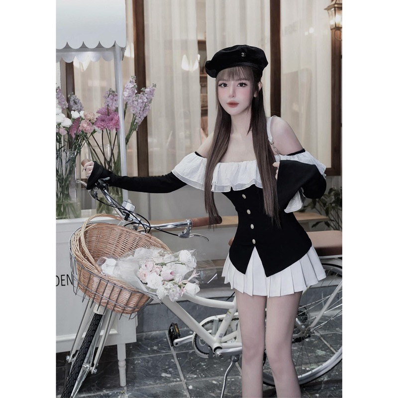 ẢNH THẬT-set áo trễ vai bèo mix chân váy xếp ly mai phương bùi mac 2 tem