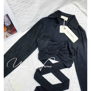 Áo tay dài xoắn ngực cột dây eo cổ sơ mi thun nhũ croptop - A0U