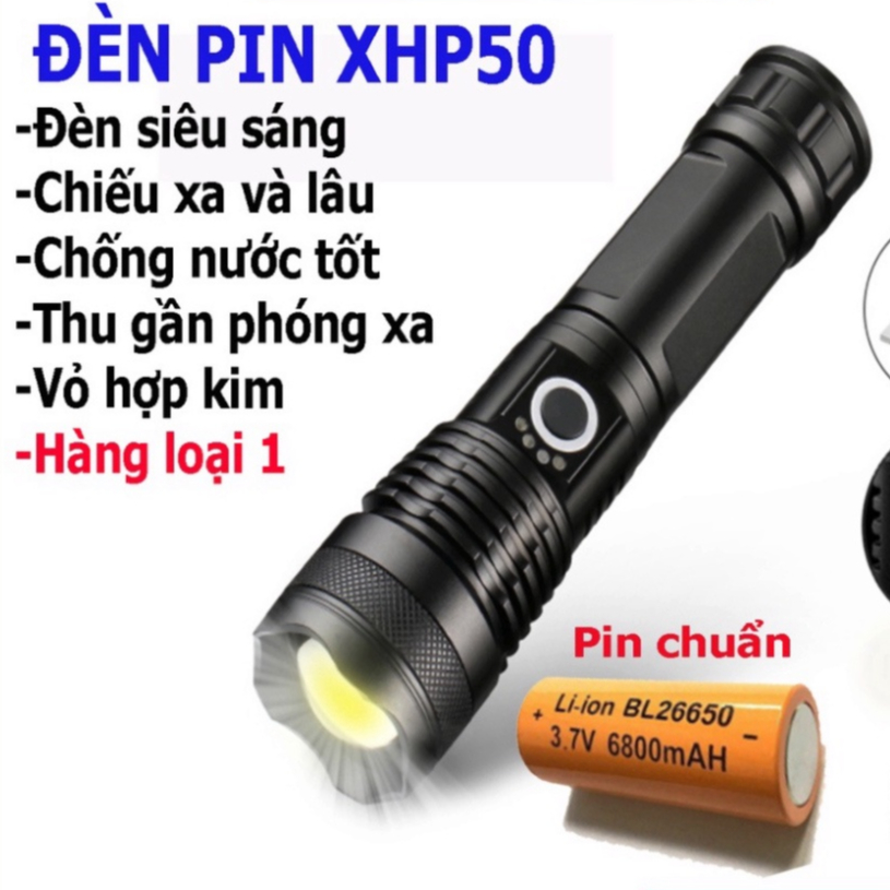 Đèn pin siêu sáng XHP50 với 5 chế độ chiếu sáng - Đèn pin cầm tay pin trâu vỏ kim loại chống nước chính hãng