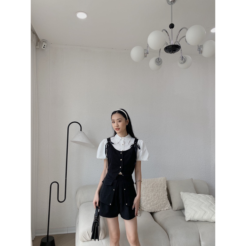 Set 3 món sơ mi tay bồng gile chân váy 204