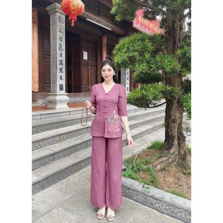 *Sét lam tay lỡ nút mây thời trang nữ mặc đi lễ chùa chất liệu Đũi Vân Mây áo cổ V thêu hình Hoa Sen quần dài ống suông