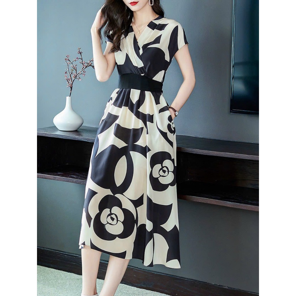 Đầm Váy xòe midi tay cánh tiên hoạ tiết sang trọng váy lụa hoa cho nữ thanh lịch size M,L,XL