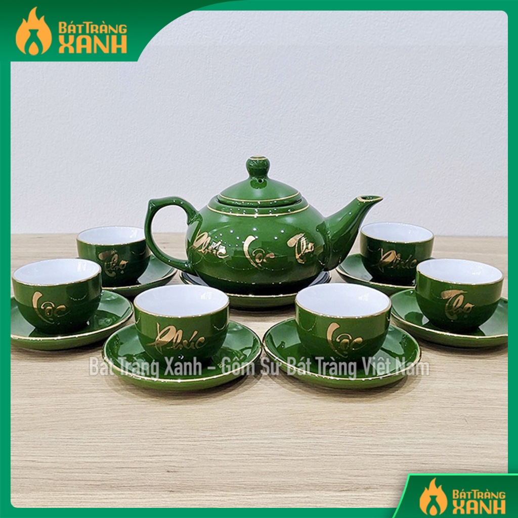 Bộ ấm chén Phúc Lộc Thọ xanh ngọc, Bộ ấm trà Bát Tràng cao cấp hàng loại I