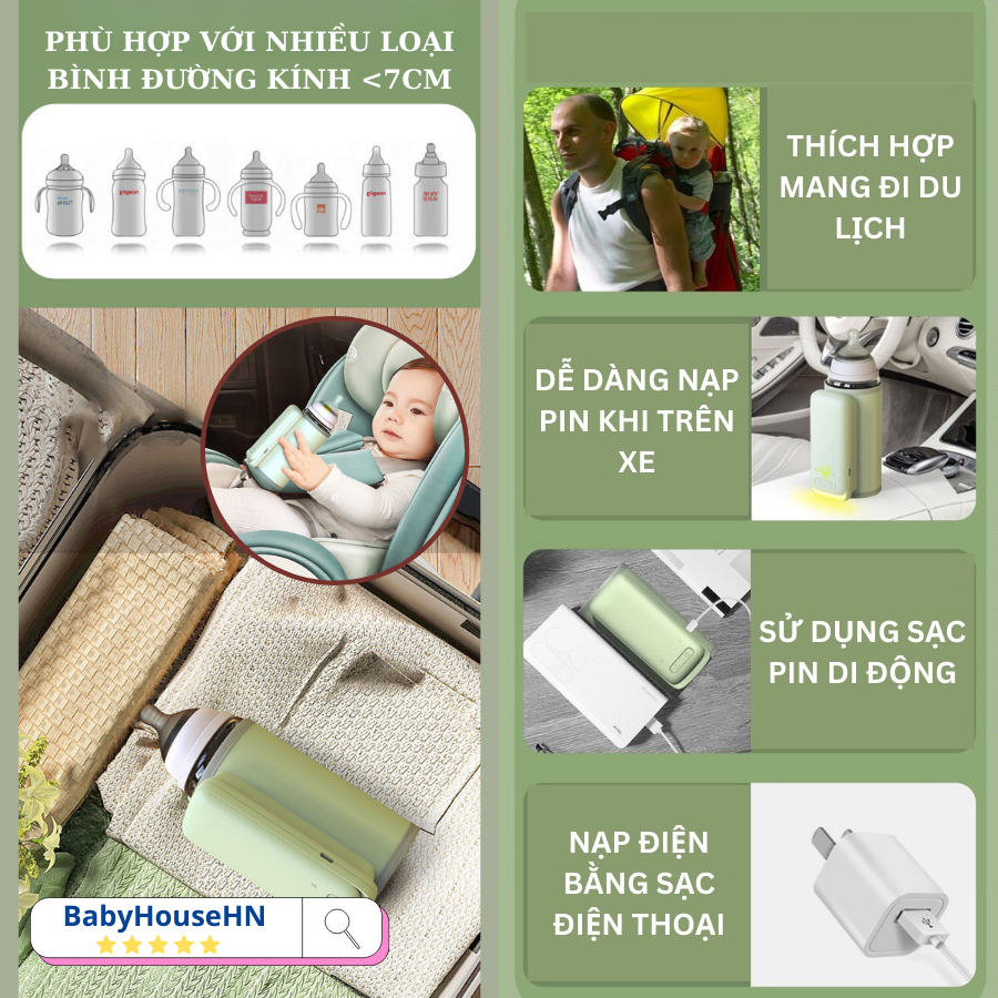 Máy hâm sữa không dây chính hãng Finose, Ủ nóng sữa nhanh cho bé khi đi chơi, Máy đun nước hâm sữa điều chỉnh nhiệt độ