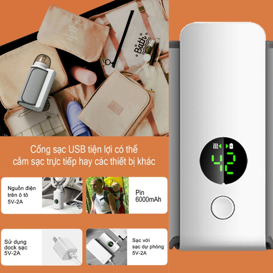 Máy hâm sữa không dây chính hãng Finose, Ủ nóng sữa nhanh cho bé khi đi chơi, Máy đun nước hâm sữa điều chỉnh nhiệt độ