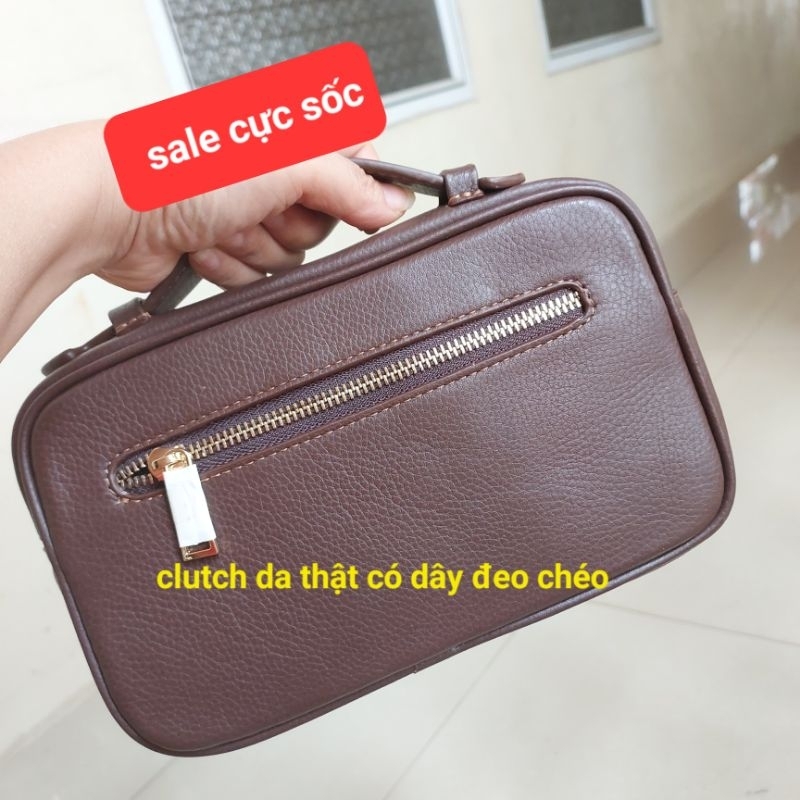 Clutch hộp cầm tay kết hợp đeo chéo da bò thật nam nữ cao cấp
