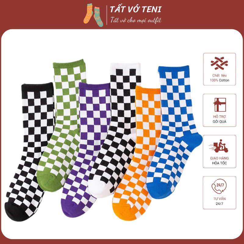 Vớ Tất Cổ Cao Nam Nữ Unisex Chất liệu Cotton Hoạ tiết Caro thời trang hằng ngày nhiều màu - TENI - Mã TL047