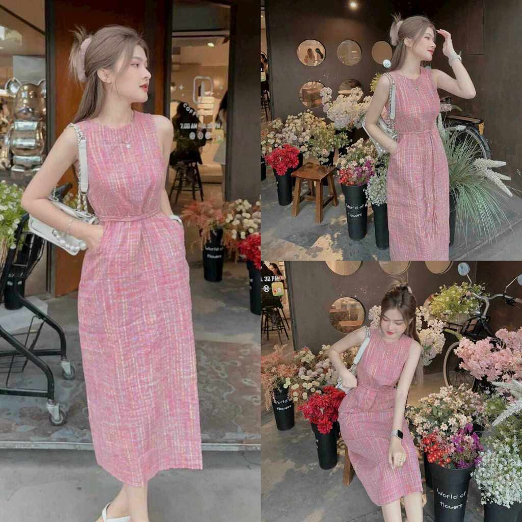 Đầm Nữ Đũi caro dây cột eo sang trọng, thiết kế không tay nhẹ nhàng tinh tế