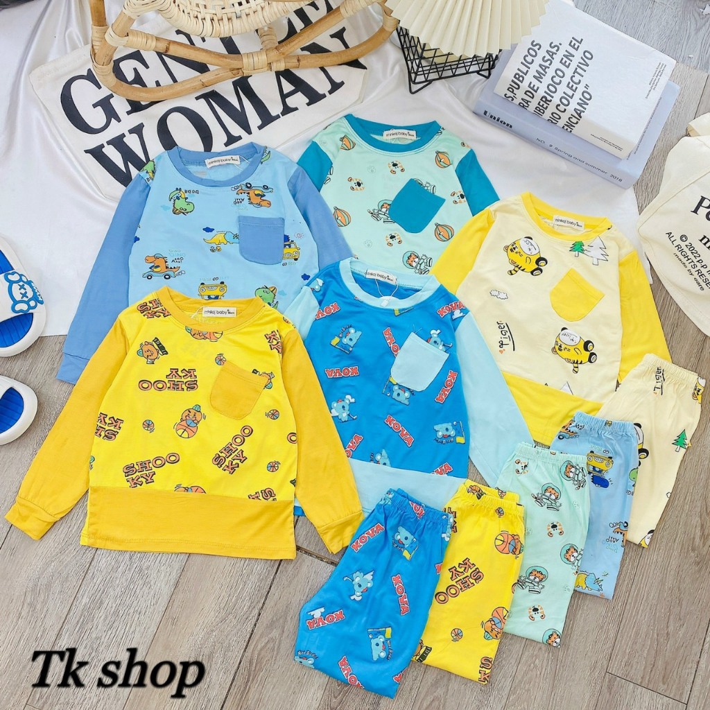 Bộ thu đông dài tay, bộ quần áo chất cotton thun lạnh dễ thương cho bé từ 6-18kg