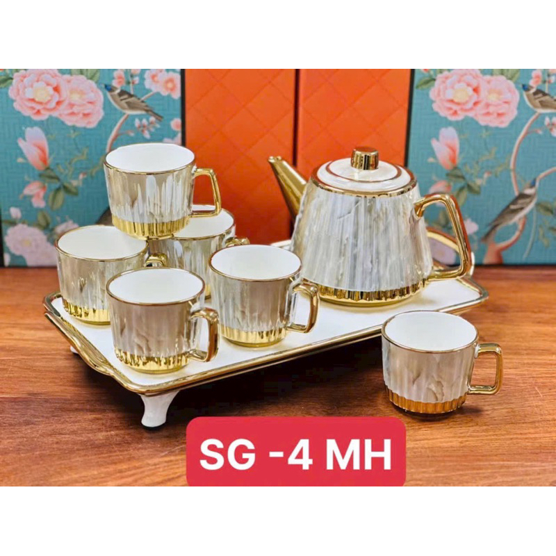 Bộ Ấm Chén Sứ cao cấp SG viền mạ mầu Vàng trang trí Tết Huydecor