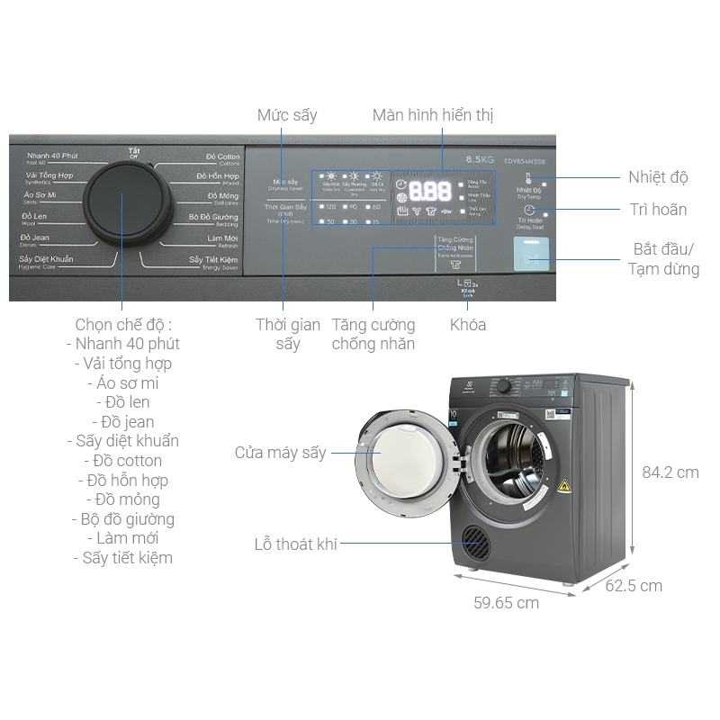 Máy sấy thông hơi Electrolux hỗ trợ là 8.5 kg EDS854N3SB - Hàng chính hãng