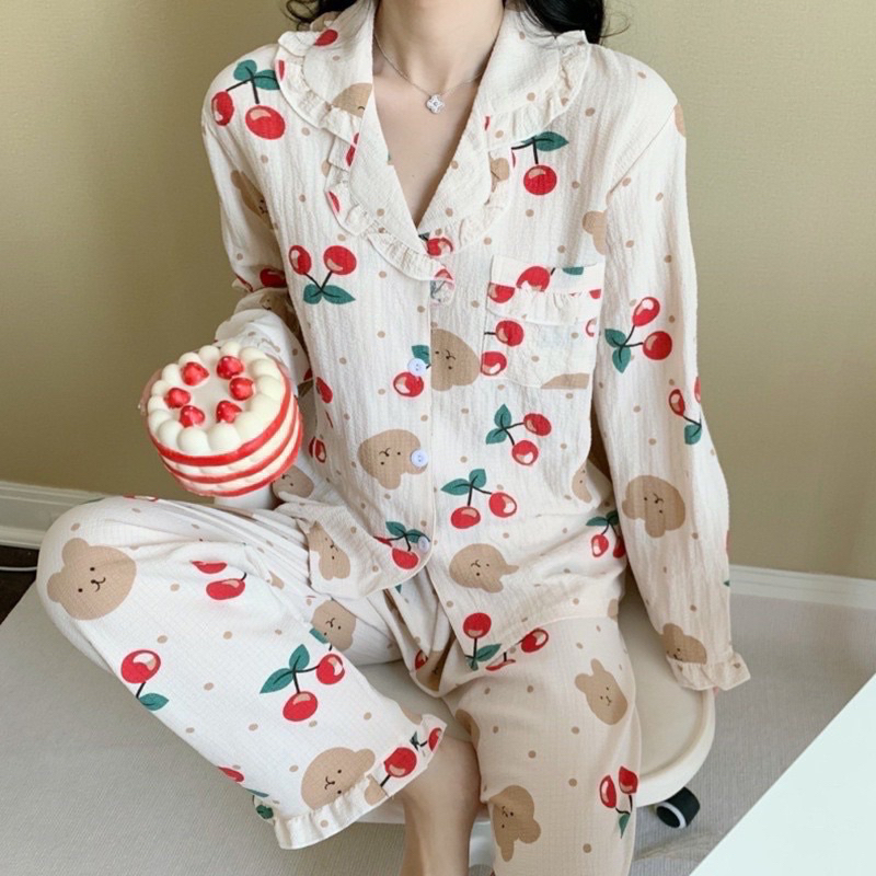 Bộ pyjama nữ dài tay nhung tăm hoạ tiết cherry đẹp ❤️ Bộ mặc nhà thu đông chất nỉ nhung tăm