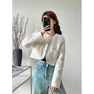 [HÀNG QC CHẤT ĐẸP] ÁO KHOÁC DẠ TWEED TRẮNG KIM SA DÁNG NGẮN, HÀNG 2 LỚP ĐỆM CẦU VAI