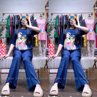 Set bộ hot trend- set jean lụa quần suông