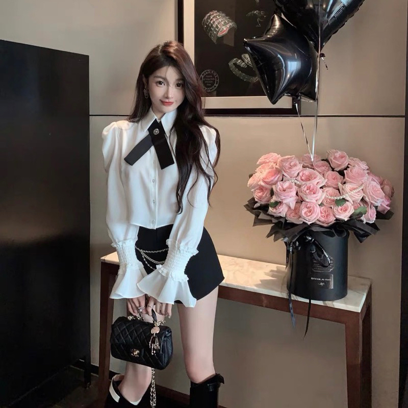 Set Dạ 4 Món Áo Sơmi Tay Chun Mix Gile Kèm Chân Váy Chữ A + Tang Nơ Đá Hàng 2 Lớp Kèm Ảnh Thật KEMIE SHOP