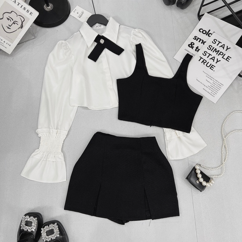 Set Dạ 4 Món Áo Sơmi Tay Chun Mix Gile Kèm Chân Váy Chữ A + Tang Nơ Đá Hàng 2 Lớp Kèm Ảnh Thật KEMIE SHOP