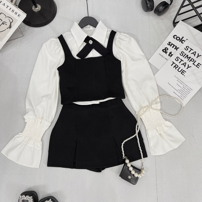 Set Dạ 4 Món Áo Sơmi Tay Chun Mix Gile Kèm Chân Váy Chữ A + Tang Nơ Đá Hàng 2 Lớp Kèm Ảnh Thật KEMIE SHOP
