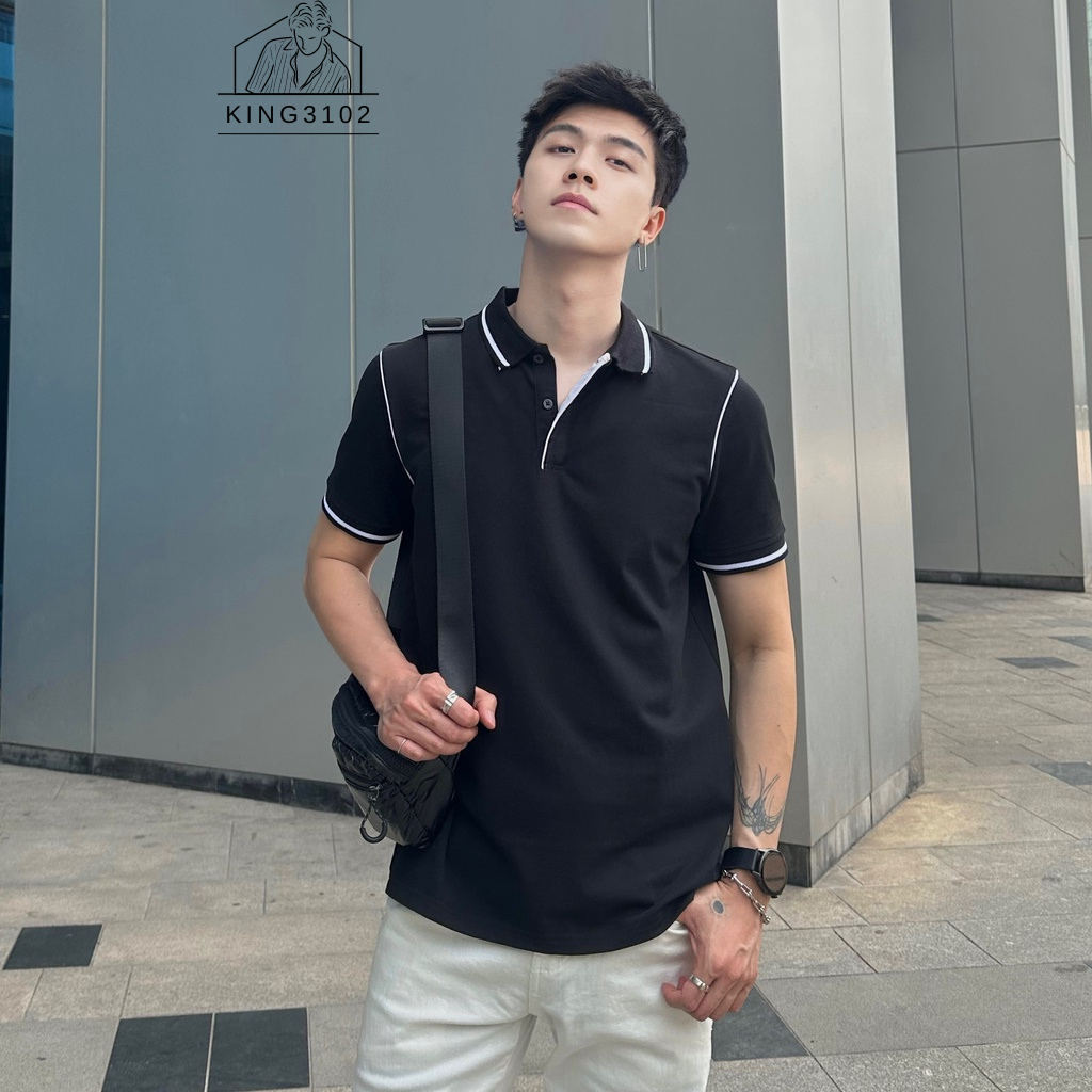 Polo Nam, Áo Thun Nam Polo Trơn Trắng Đen Cotton Thoáng Mát, Thấm Hút, Không Nhăn Full Box Bill - Polo Cổ Sọc Trắng