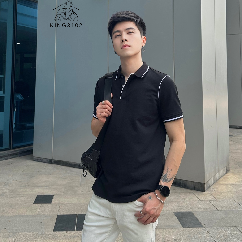 Polo Nam, Áo Thun Nam Polo Trơn Trắng Đen Cotton Thoáng Mát, Thấm Hút, Không Nhăn Full Box Bill - Polo Cổ Sọc Trắng