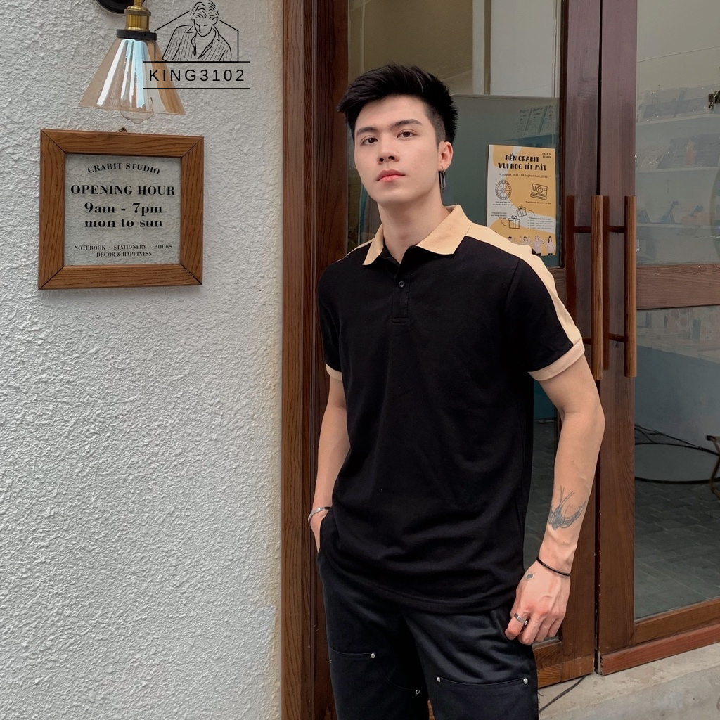 Áo Polo Nam, Áo Thun Polo Nam Trơn Trắng Đen Cotton Thoáng Mát, Thấm Hút, Không Nhăn Full Box Bill - Polo Phối Vai