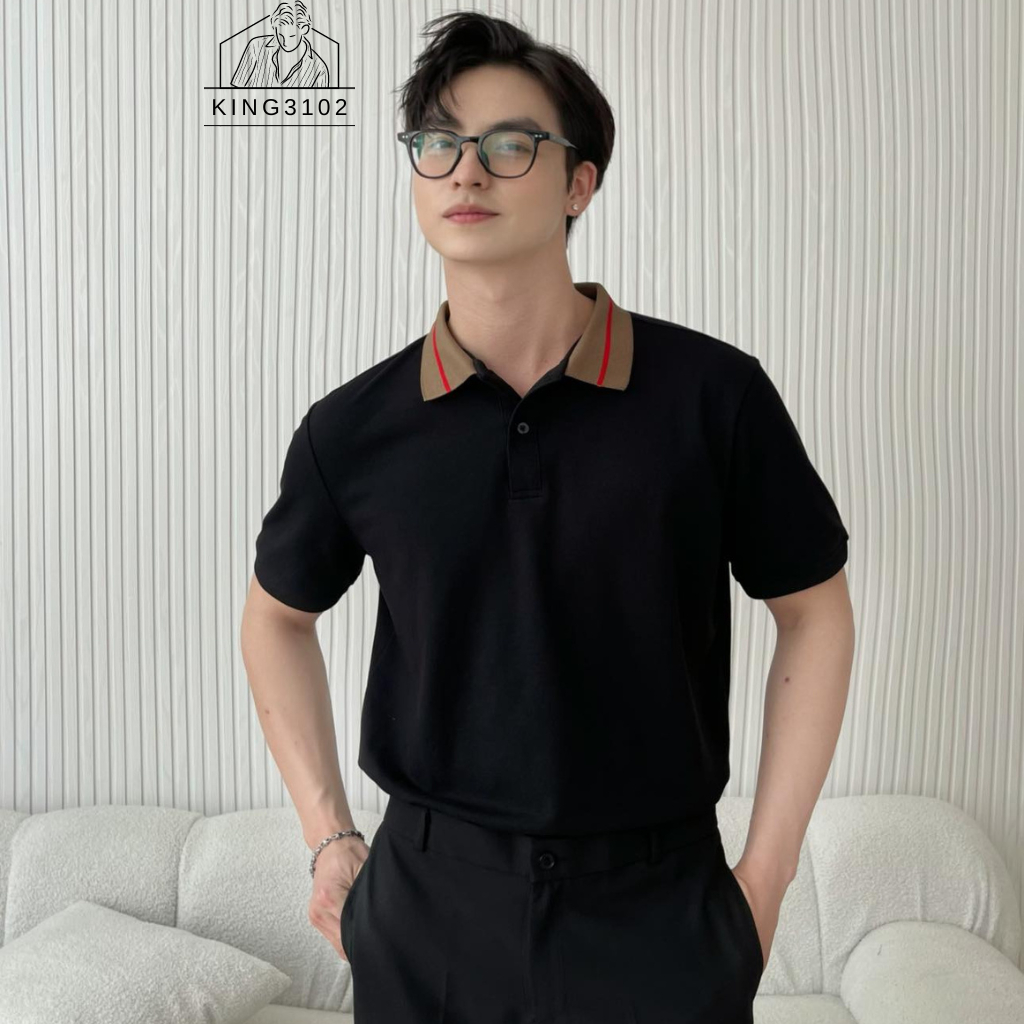 Áo Polo Nam, Áo Thun Polo Nam Trơn Trắng Đen Cotton Thoáng Mát, Thấm Hút, Không Nhăn Full Box Bill - Polo Đen Cổ Nâu