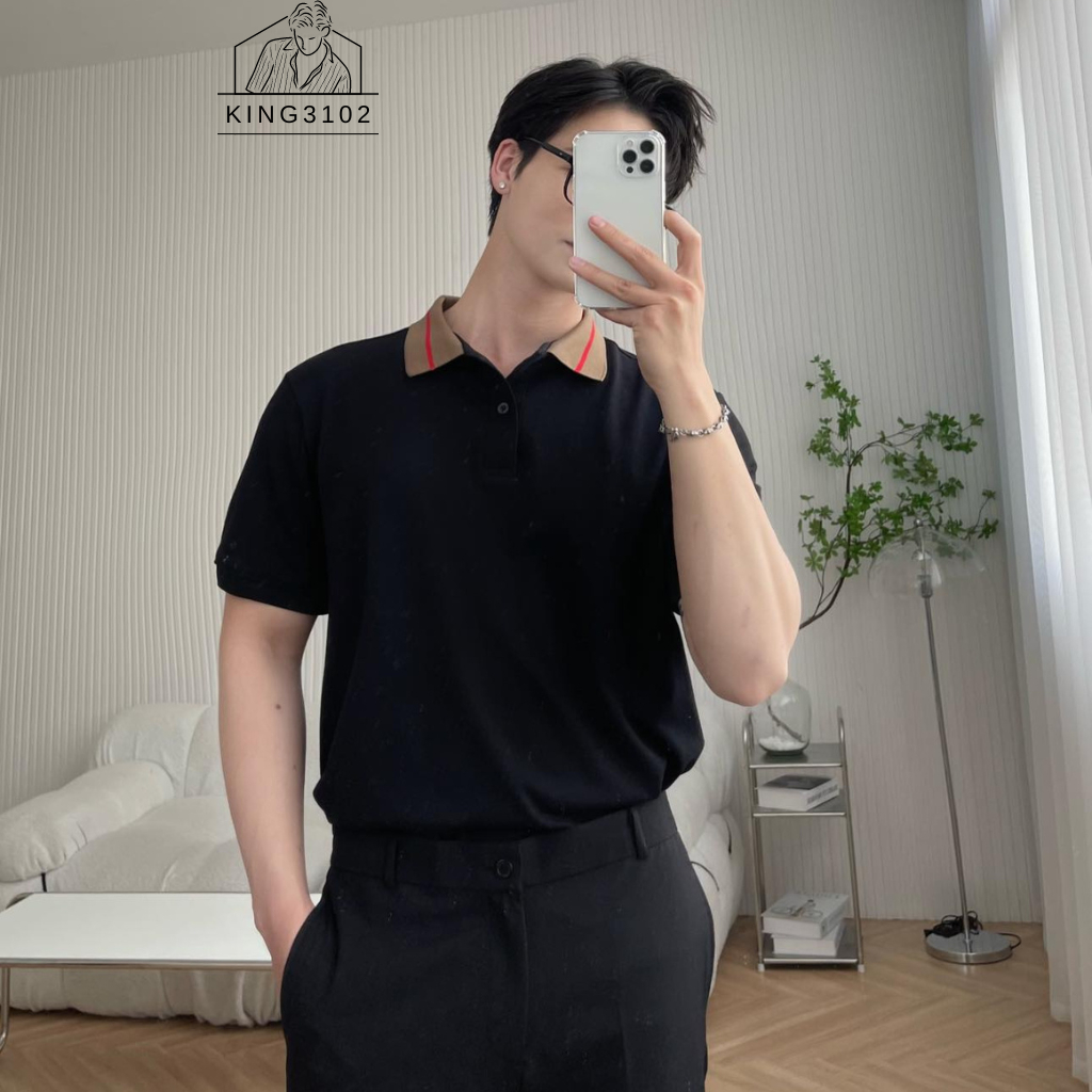 Áo Polo Nam, Áo Thun Polo Nam Trơn Trắng Đen Cotton Thoáng Mát, Thấm Hút, Không Nhăn Full Box Bill - Polo Đen Cổ Nâu