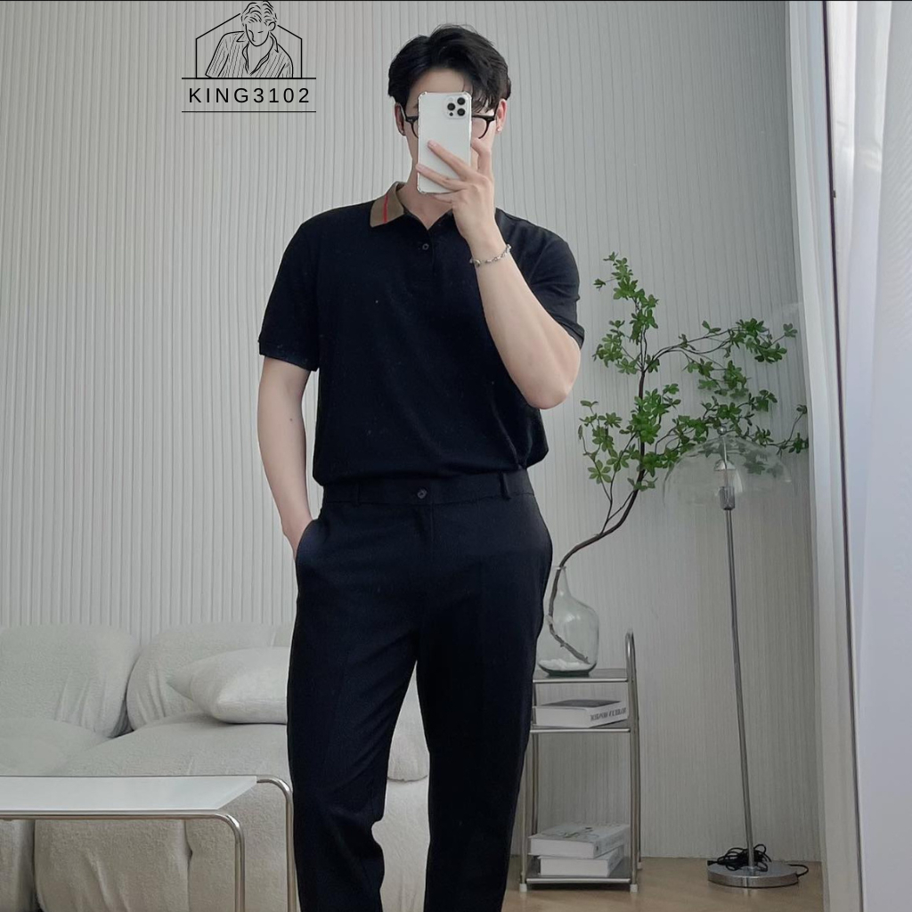 Áo Polo Nam, Áo Thun Polo Nam Trơn Trắng Đen Cotton Thoáng Mát, Thấm Hút, Không Nhăn Full Box Bill - Polo Đen Cổ Nâu