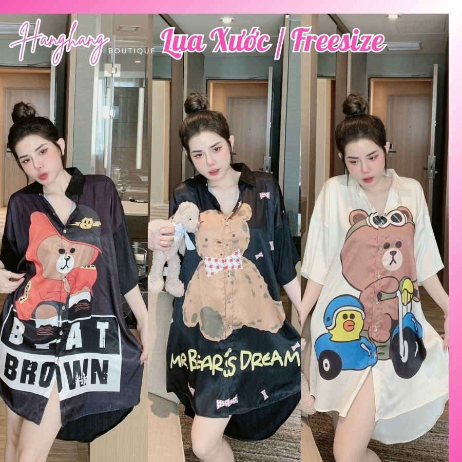 Đầm váy ngủ sơ mi lụa xước dễ thương dáng rộng bigsize 50-75kg, váy ngủ lụa cute đầm bầu mặc nhà xinh giá rẻ