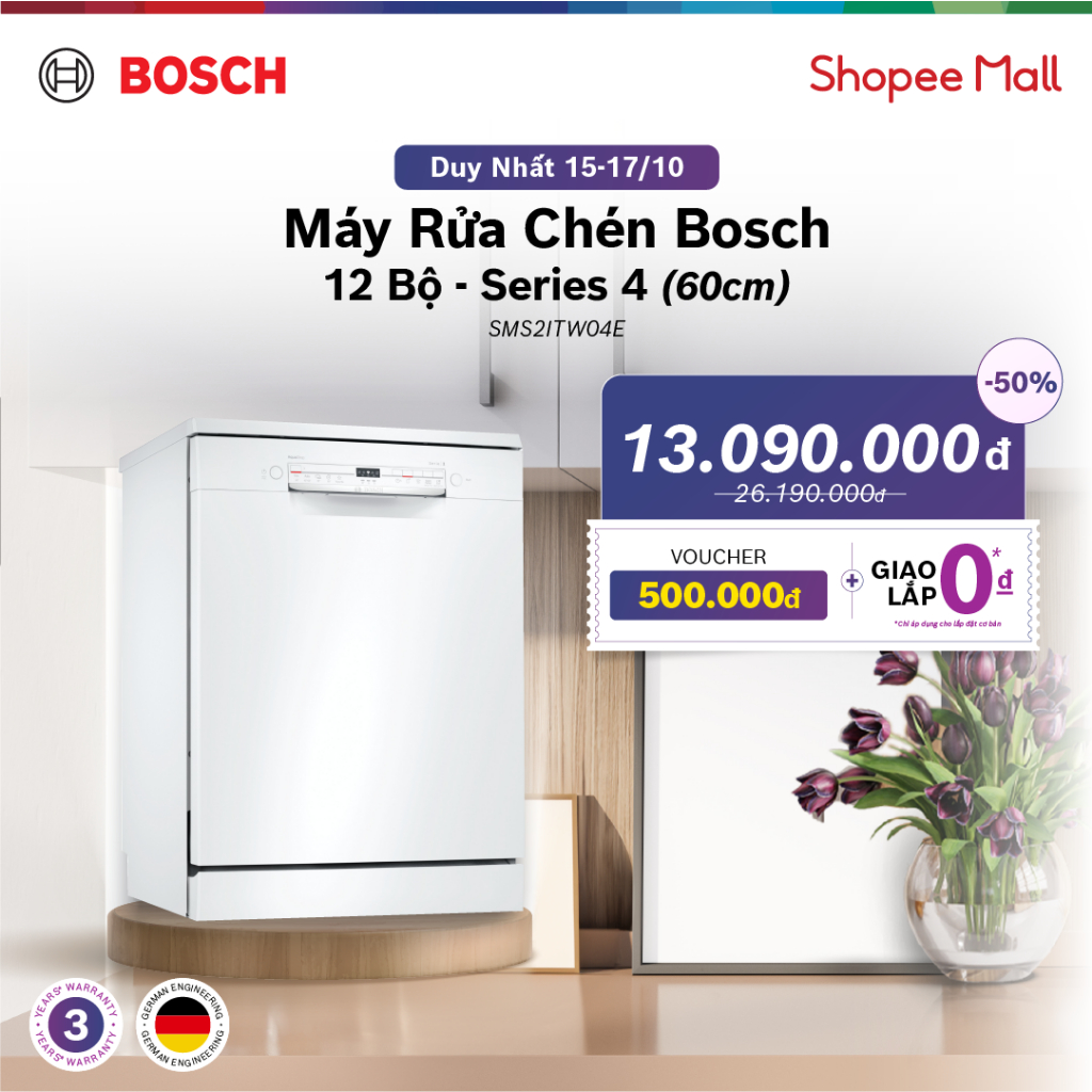 Máy Rửa Chén Bát Độc Lập 12 bộ Bosch SMS2ITW04E - Series 2 (60cm) - Hàng chính hãng