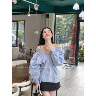 Áo trễ vai cổ tim xanh nhạt dễ thương