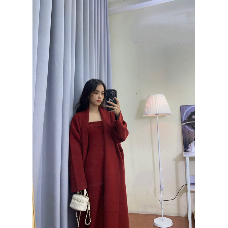 CHOUCHUU Áo khoác cardigan dáng dài và váy ống len màu đỏ sang trọng quý phái